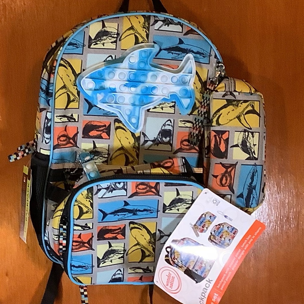 Kids 4 pc Colorful 17” shark Patterned Backpack with popper panel